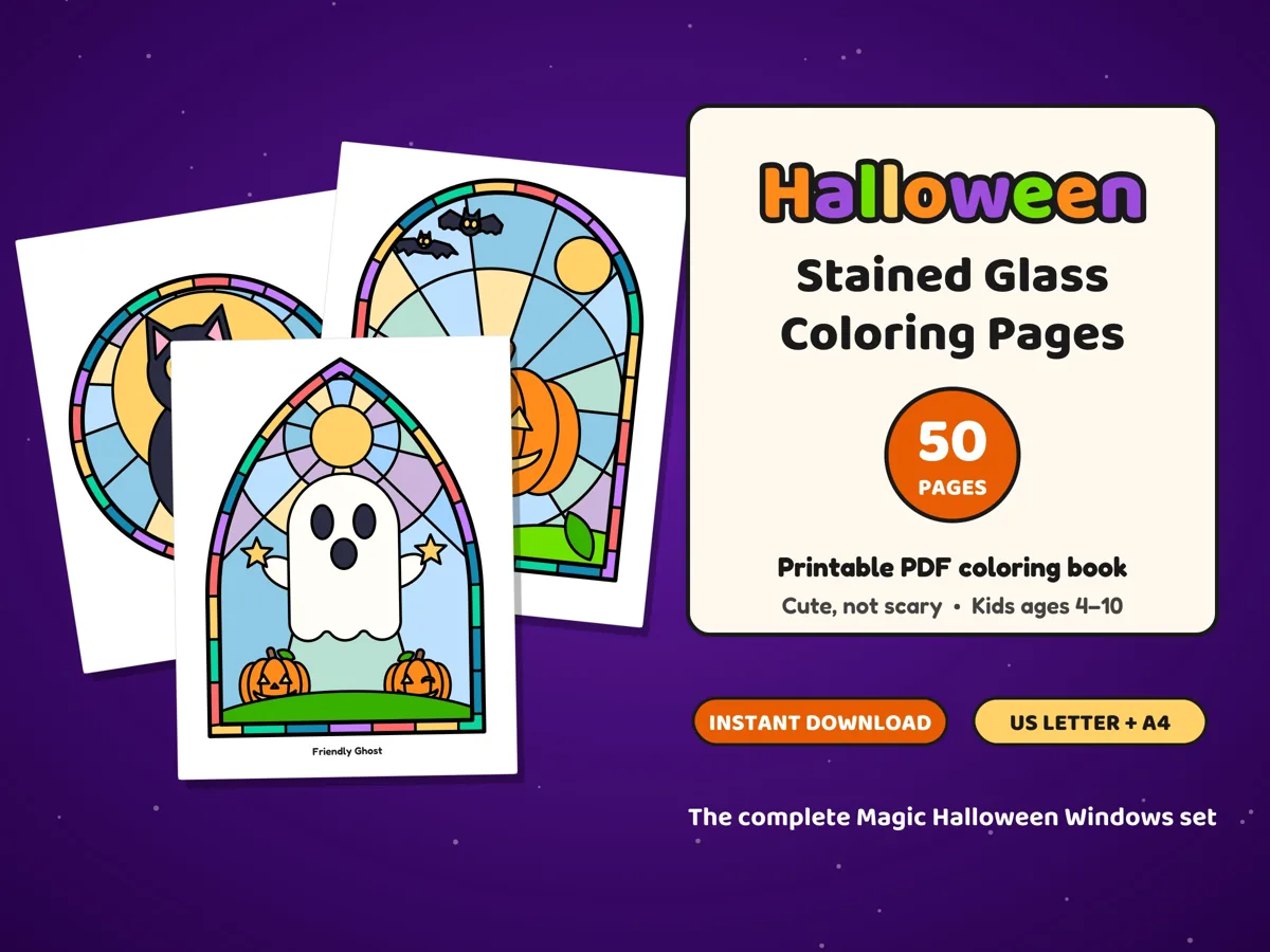 Halloween 50-page printable stained glass coloring set