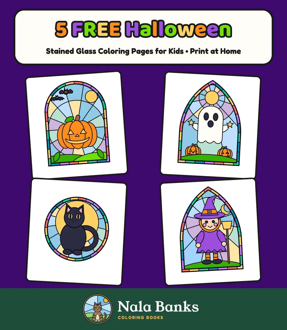 Five free Halloween stained glass coloring pages